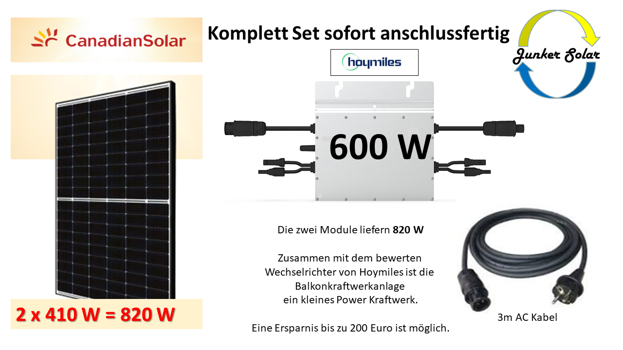 Balkonkraftwerk 600W Plug and Play Canadian Solar HM-800 gedrosselt –  Balkonkraftwerk Mini Solaranlage PV